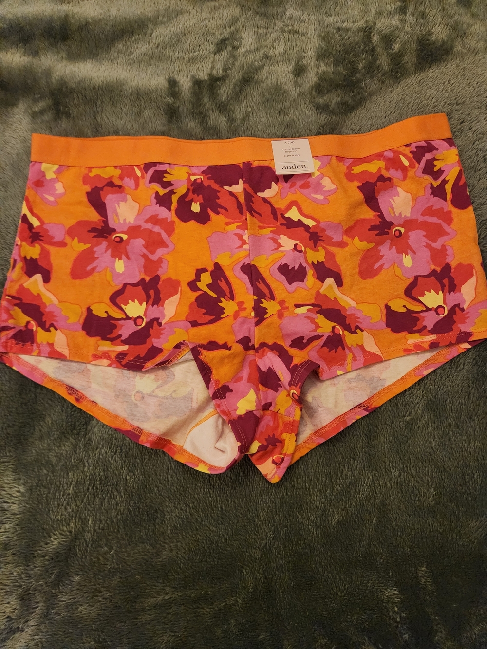 Size X (14) Auden Orange Floral  Boyshort Panty with Pink & Magenta Blooms